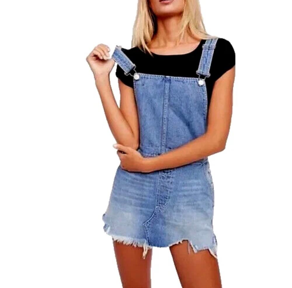 FREE PEOPLE Distressed Overall Denim Jean Dress w/ Frayed Hem women’s Size w0